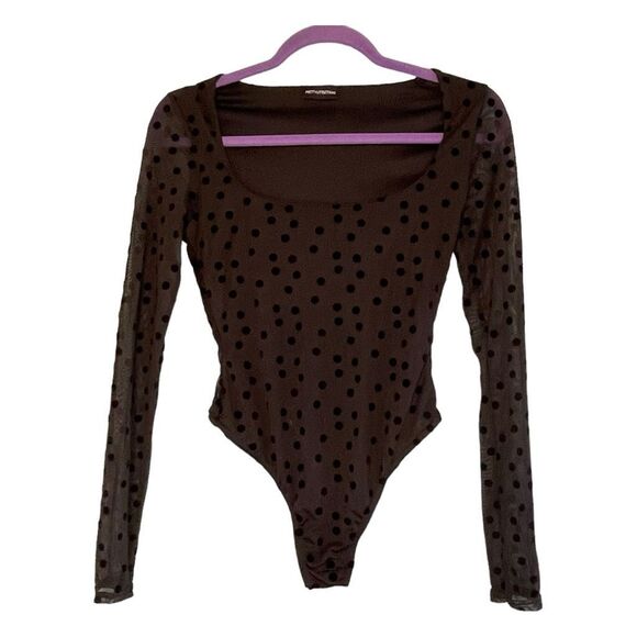 PrettyLitteThings Polka Dot Mesh Bodysuit Black Square Neck Long Sleeve Lined 4 - Picture 2 of 10